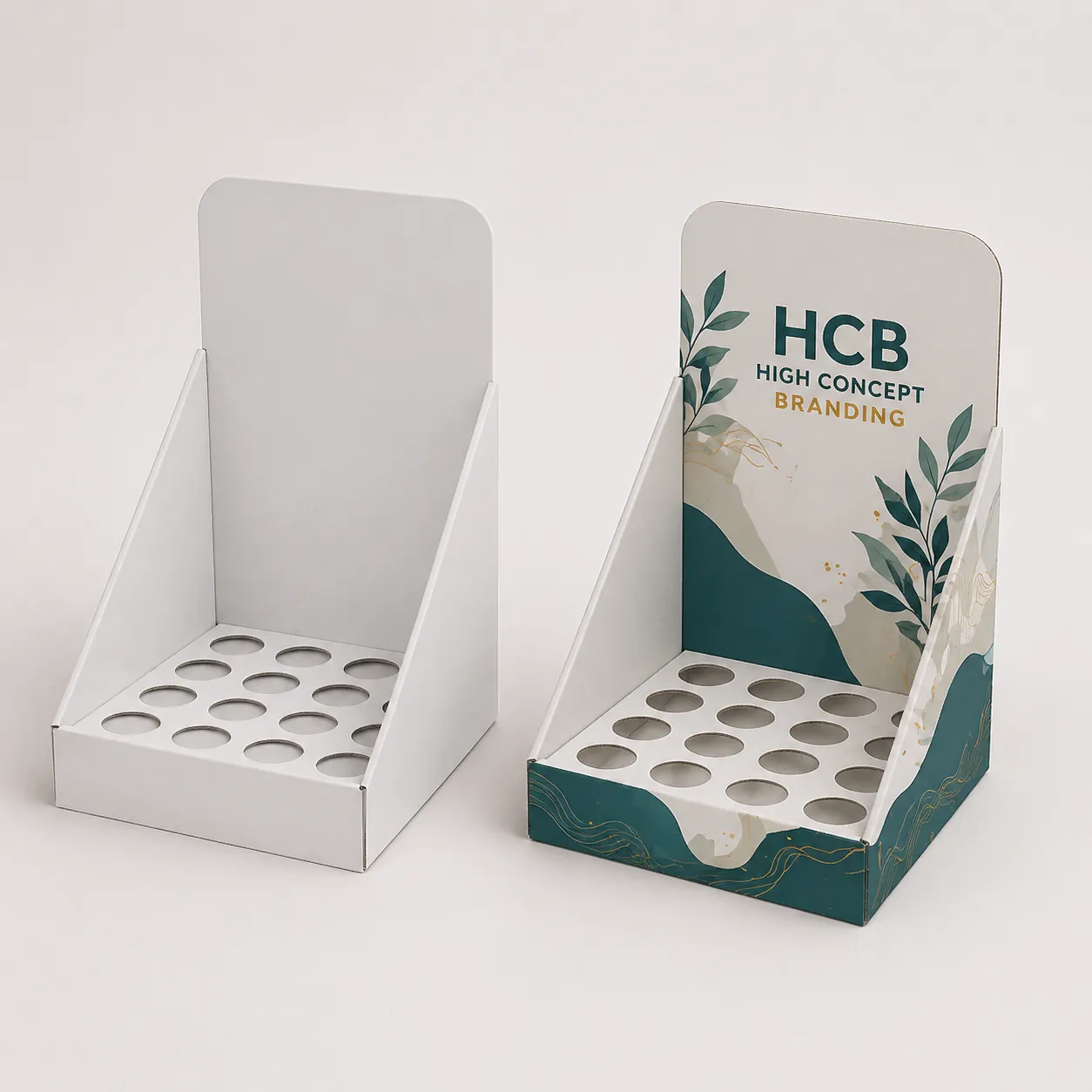 Custom cardboard counter display boxes featuring circular die-cut inserts for securing small retail products. class=